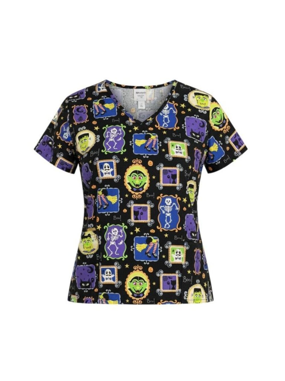 SB Scrubs Womens Halloween V-Neck Top Monster Print Black & Multicolor Size 3XL